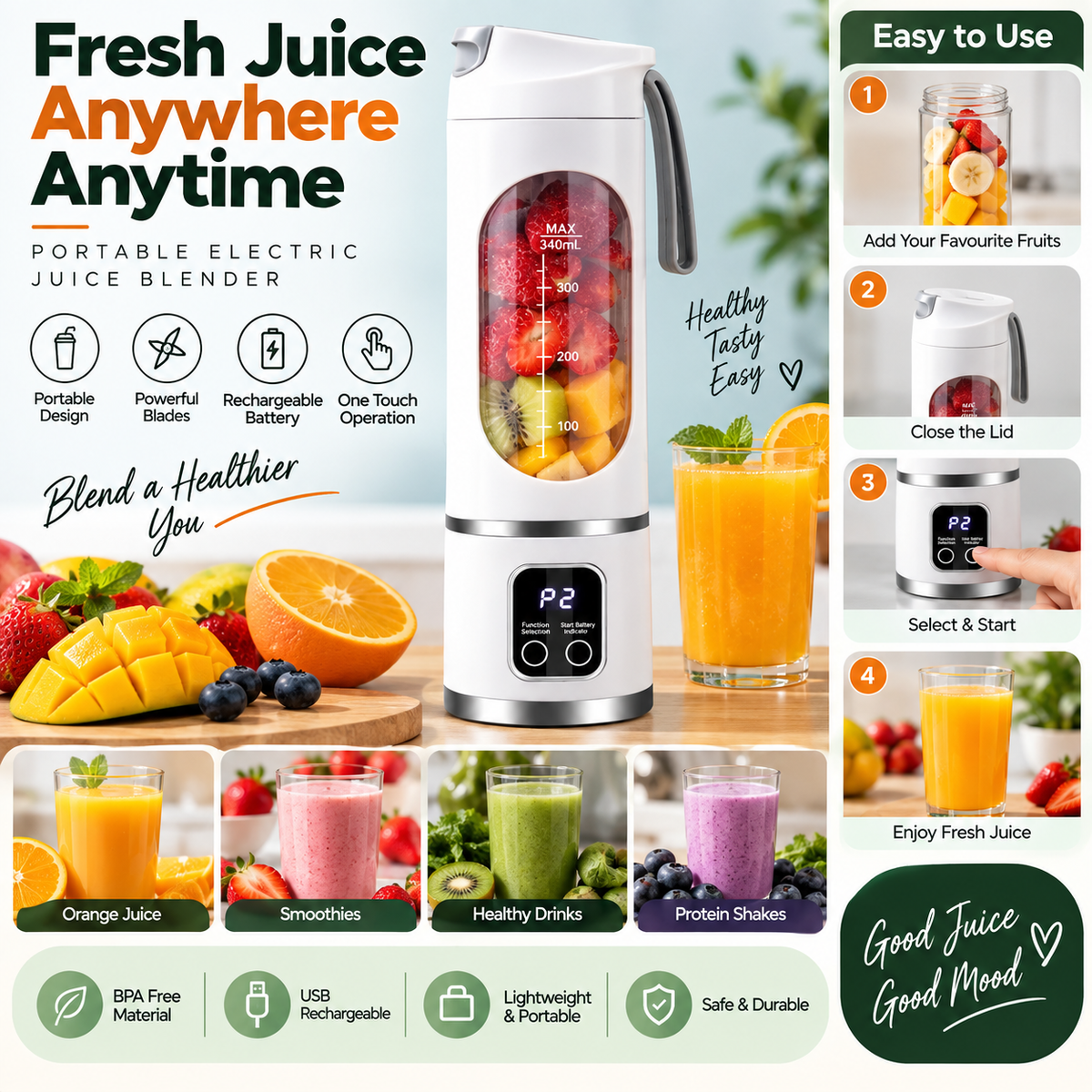 Portable Electric Juice Blender – Rechargeable Mini Fruit & Smoothie Maker