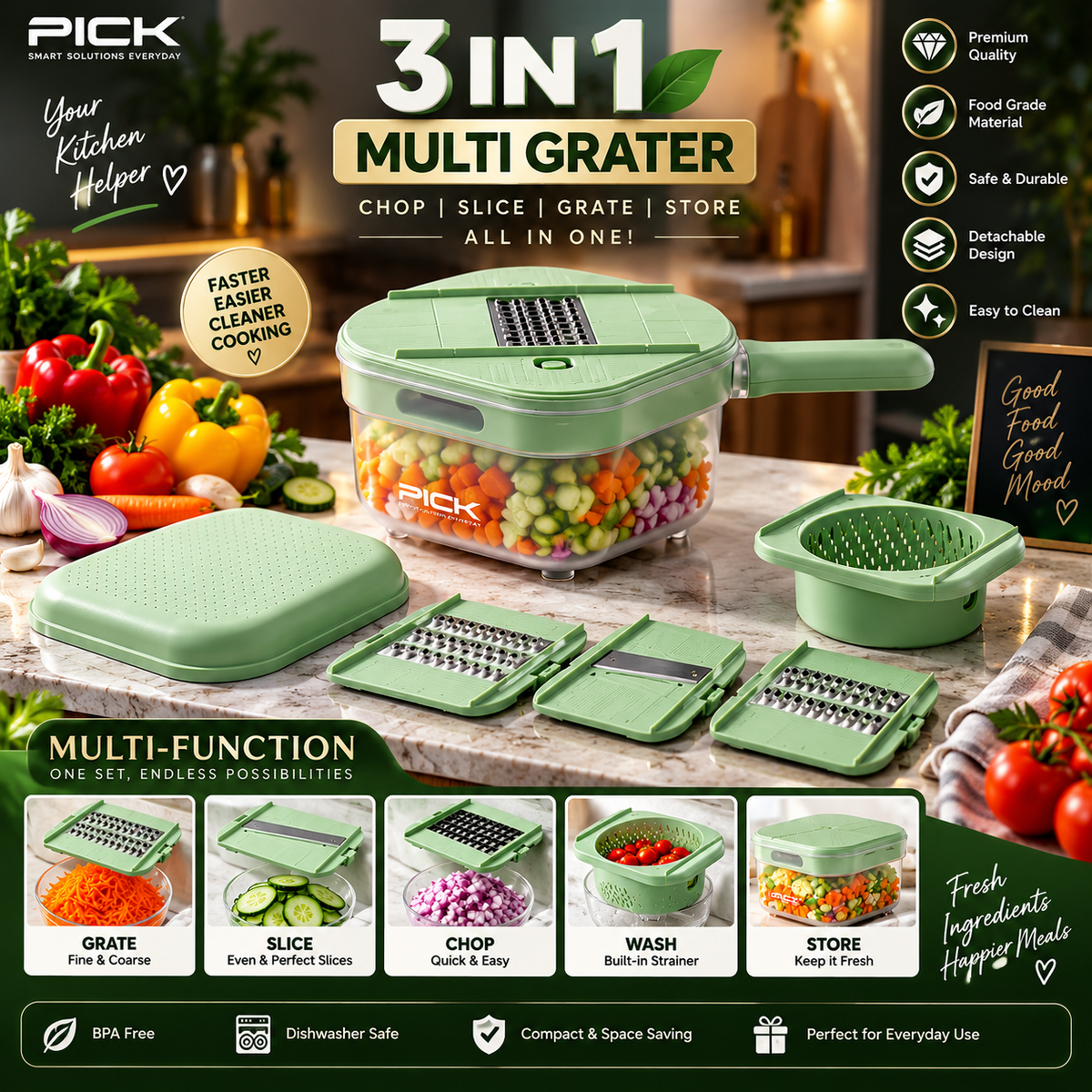 Multi Grater & Vegetable Chopper – Slicer, Shredder, Strainer & Storage Bowl