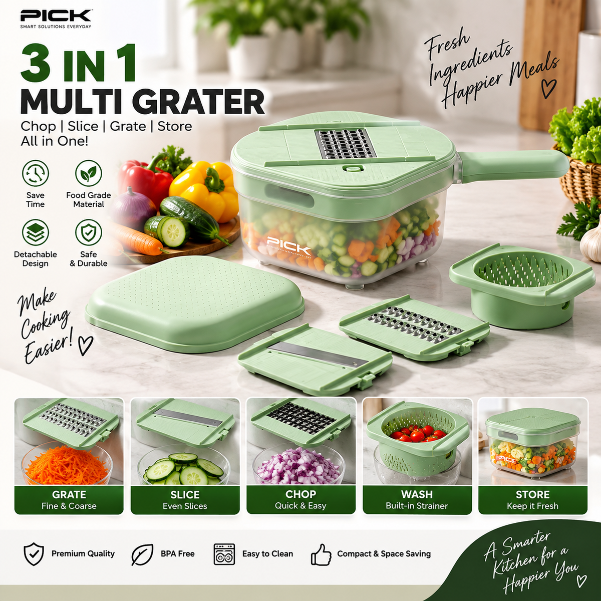 Multi Grater & Vegetable Chopper – Slicer, Shredder, Strainer & Storage Bowl