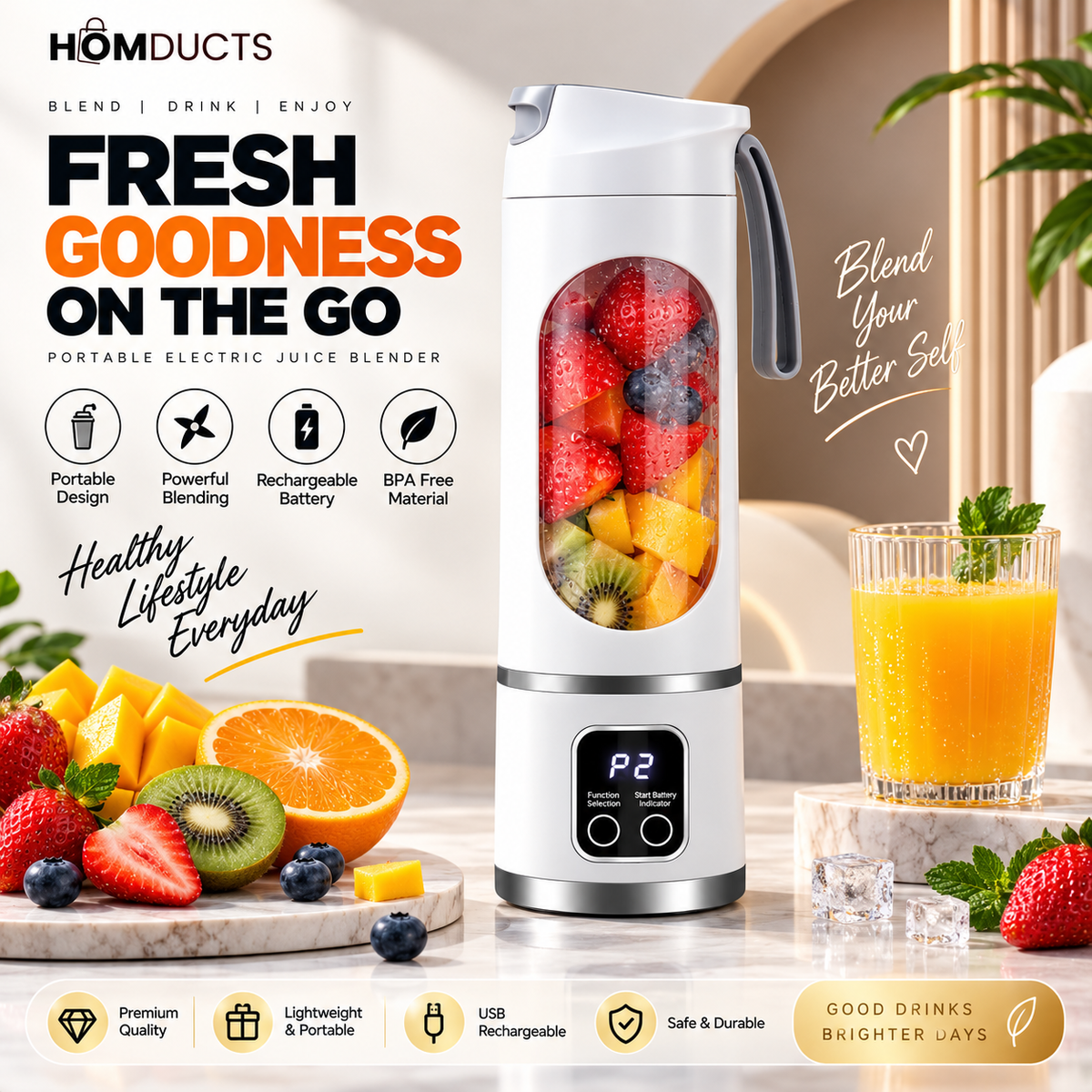 Portable Electric Juice Blender – Rechargeable Mini Fruit & Smoothie Maker
