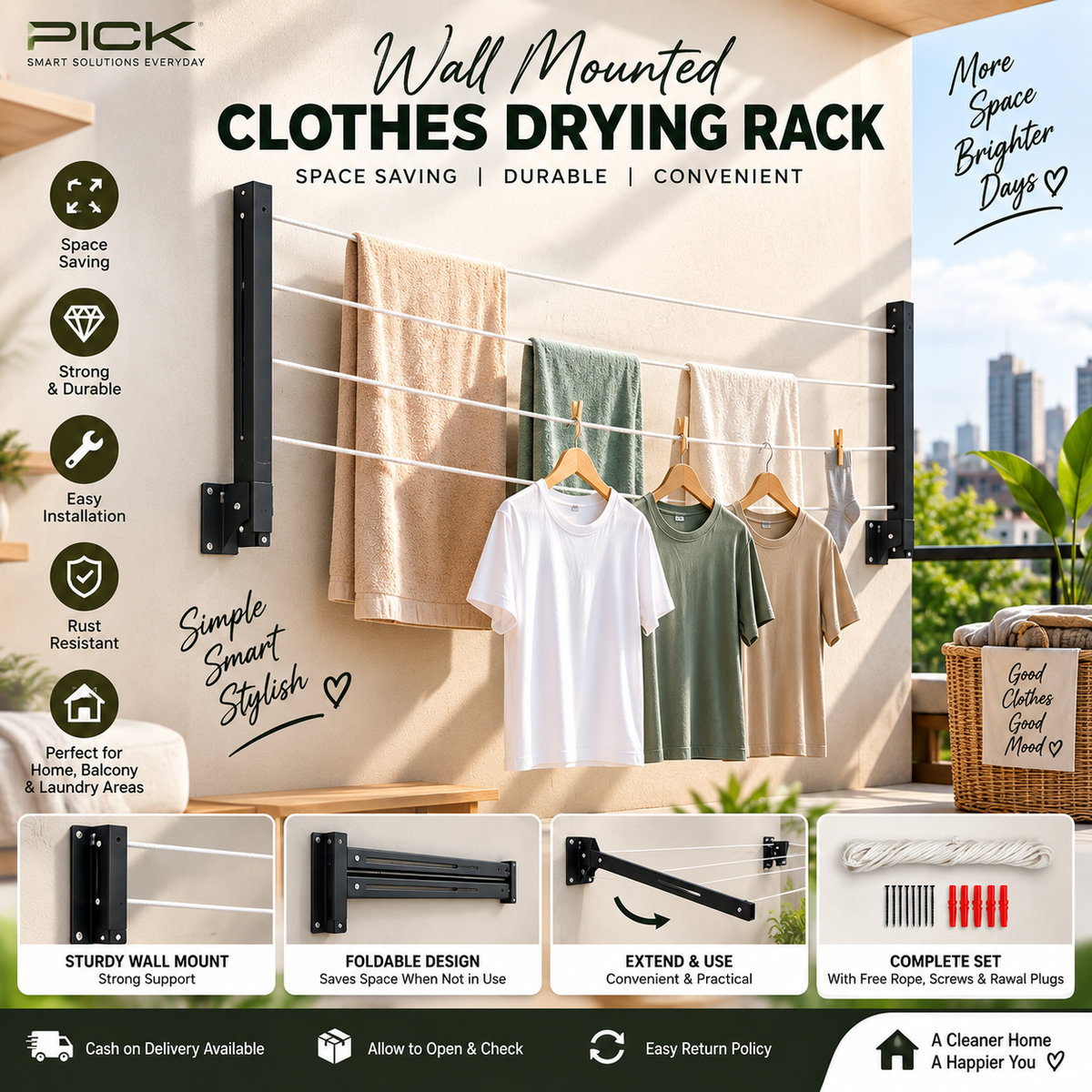 Wall-Mounted Clothes Drying Rack – Foldable Space-Saving Laundry Hanger with Free Rope