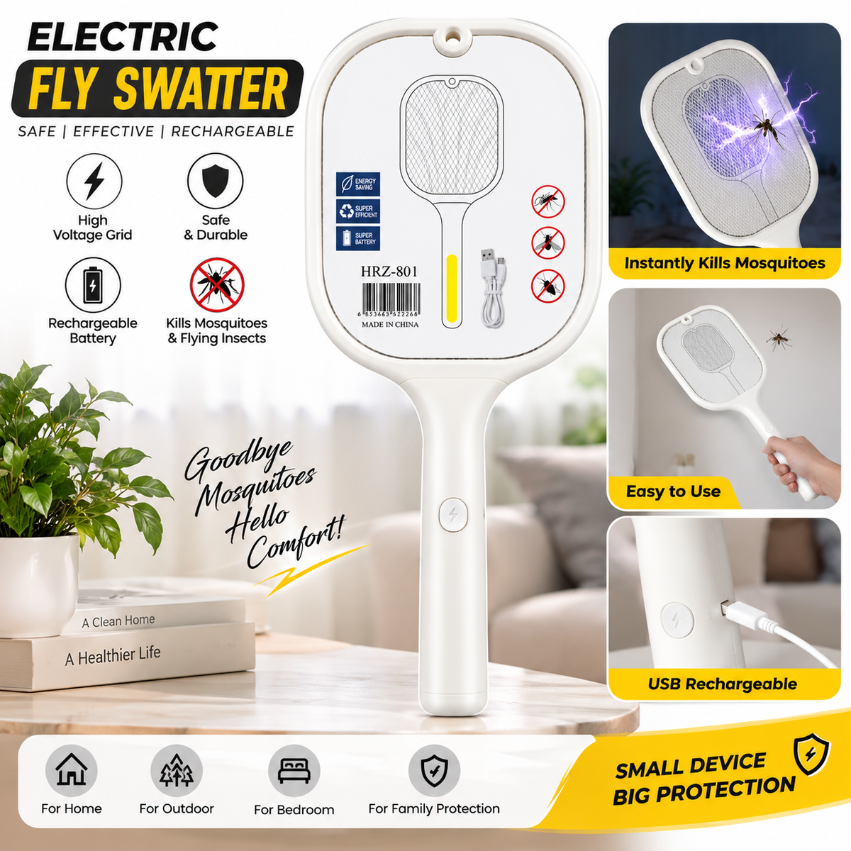 Electric Fly Swatter – USB Rechargeable Mosquito & Insect Killer Racket