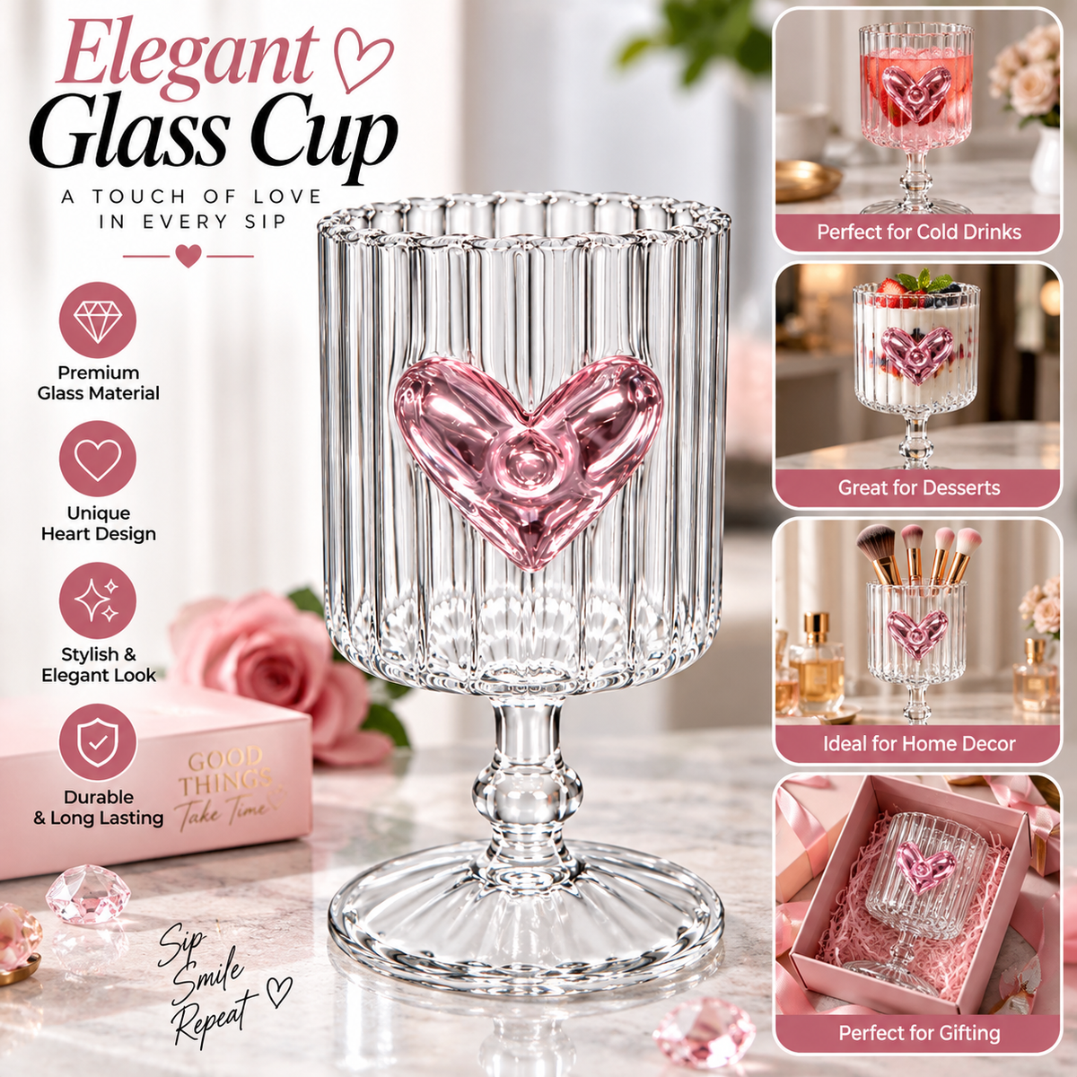 Elegant Ribbed Glass Goblet – Premium Heart Design Drinking Cup