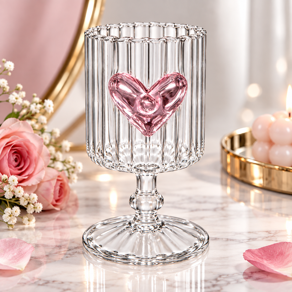 Elegant Ribbed Glass Goblet – Premium Heart Design Drinking Cup