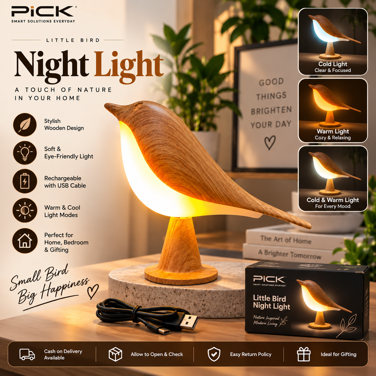 Little Bird Wooden Night Light – USB Rechargeable LED Lamp with Warm & Cool Light Modes