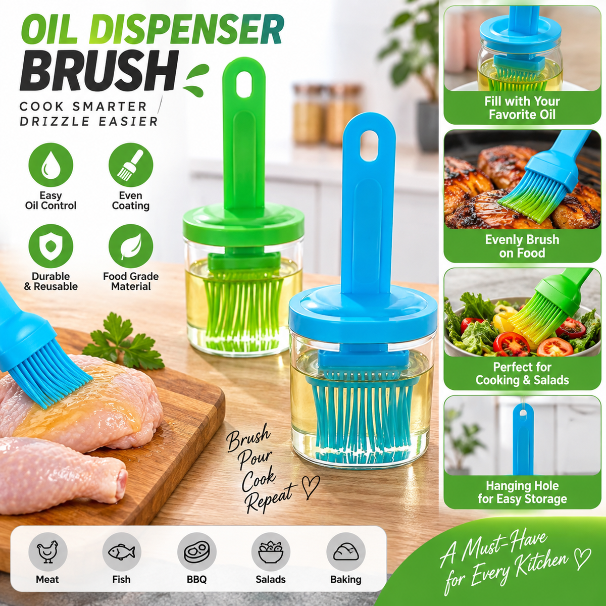 2-in-1 Oil Dispenser & Silicone Basting Brush – Kitchen Cooking Tool