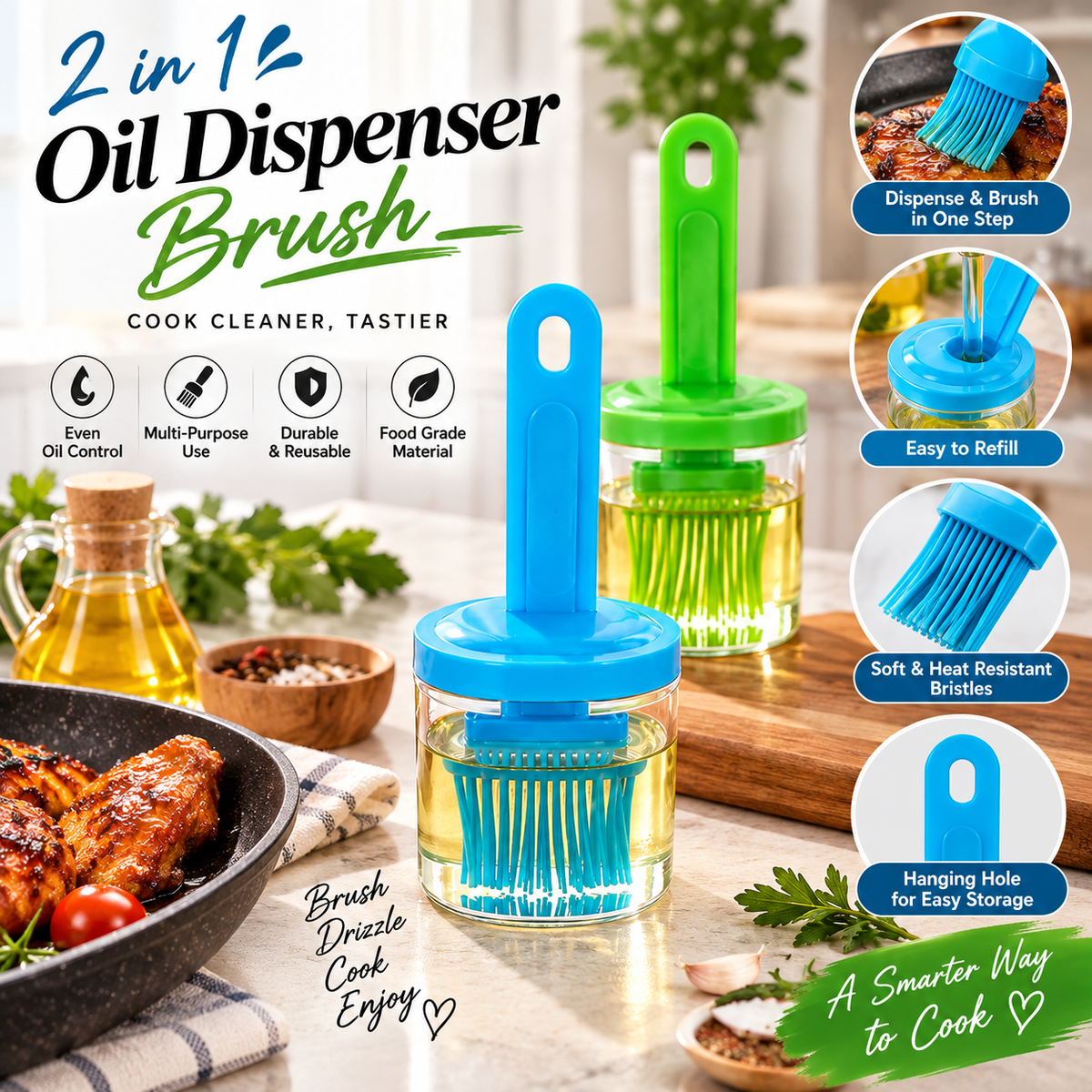 2-in-1 Oil Dispenser & Silicone Basting Brush – Kitchen Cooking Tool