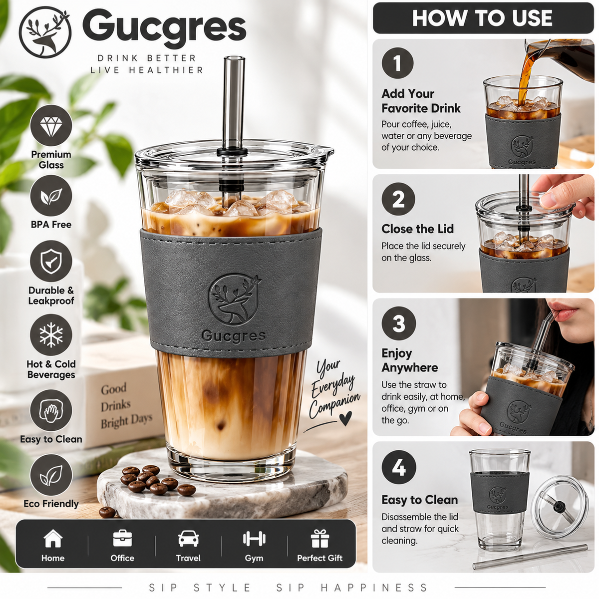 Premium Gucgres Glass Tumbler with Straw