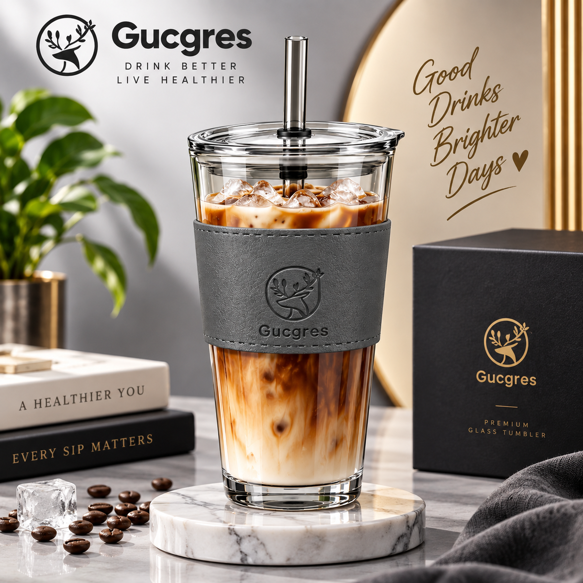 Premium Gucgres Glass Tumbler with Straw