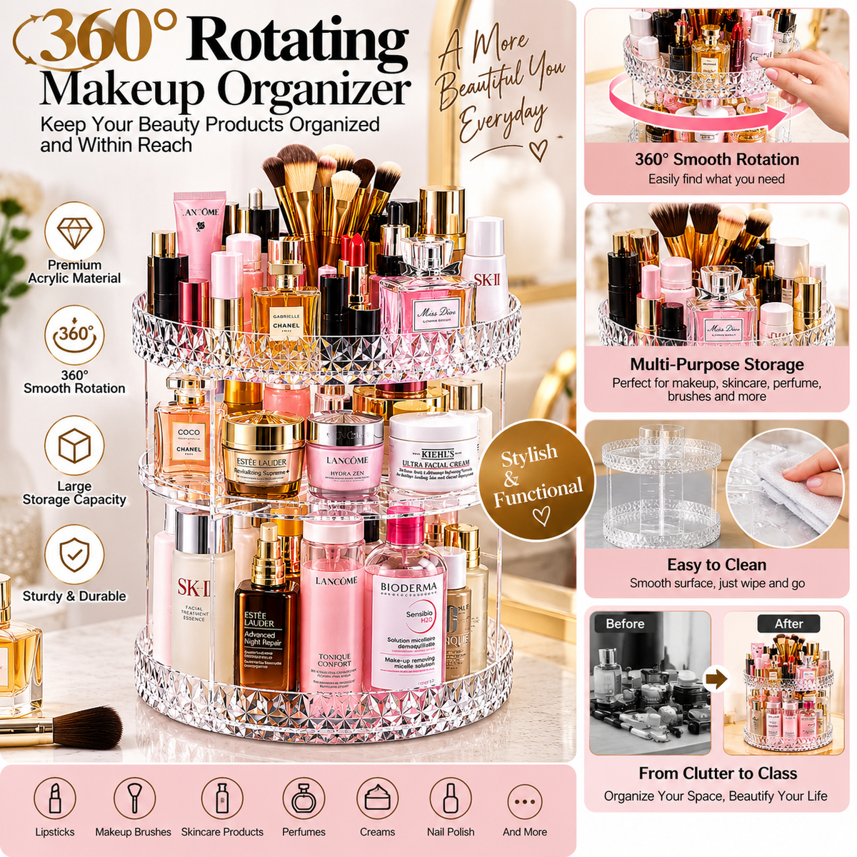 Glamorous 360° Makeup Organiser Display