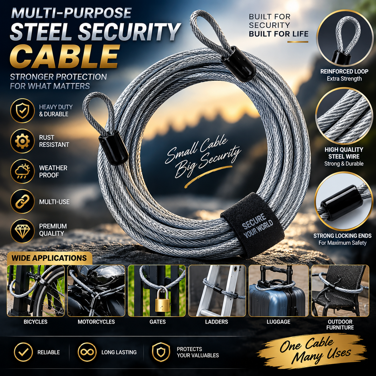 Heavy-Duty Steel Security Cable with Reinforced Loops
