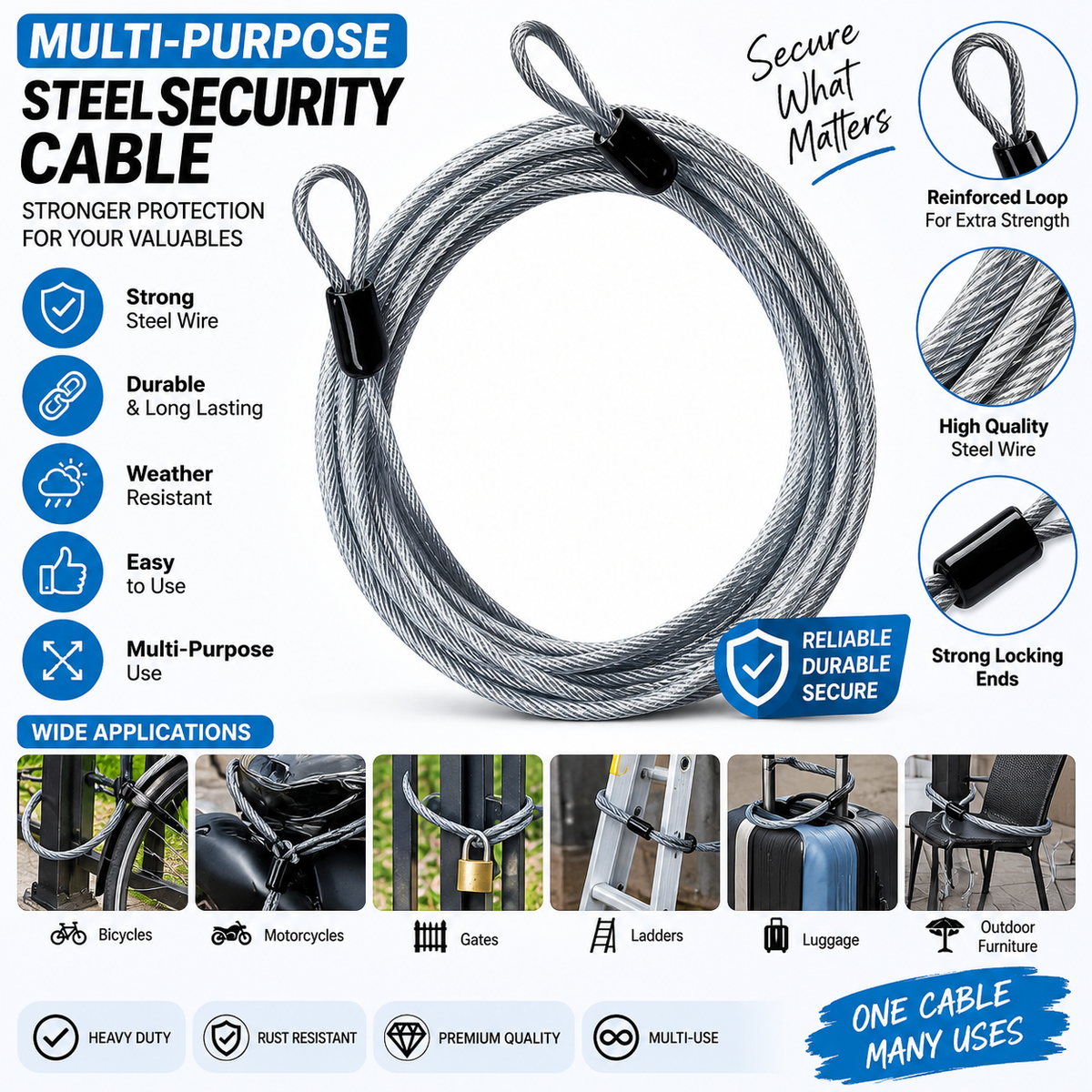 Heavy-Duty Steel Security Cable with Reinforced Loops