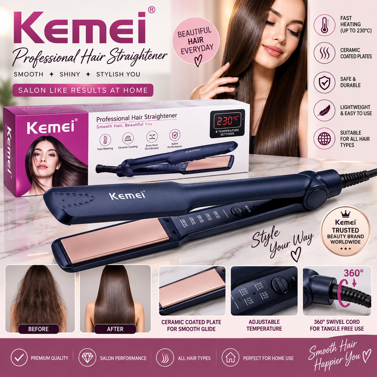 Kemei Professional Hair Straightener – Ceramic Flat Iron