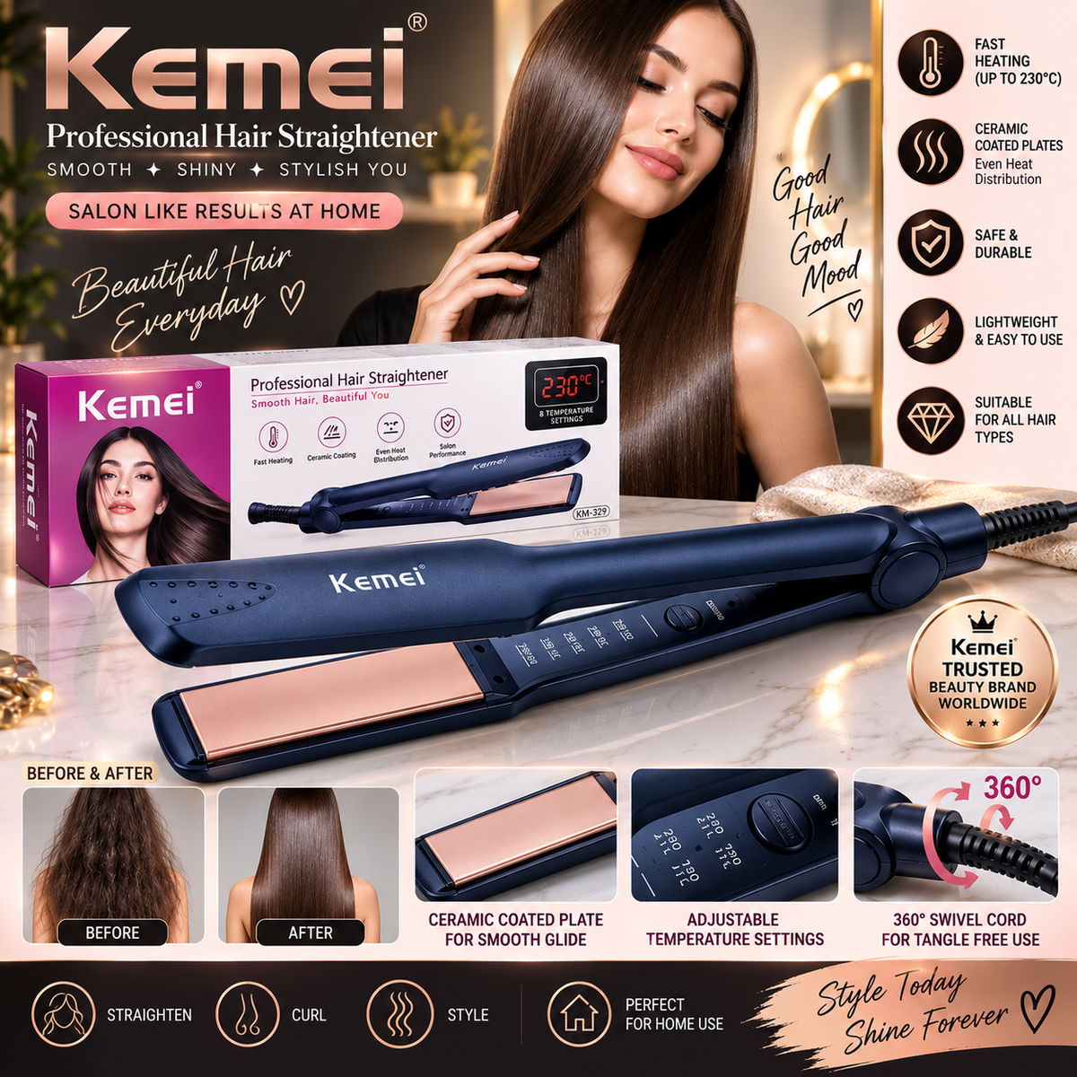 Kemei Professional Hair Straightener – Ceramic Flat Iron