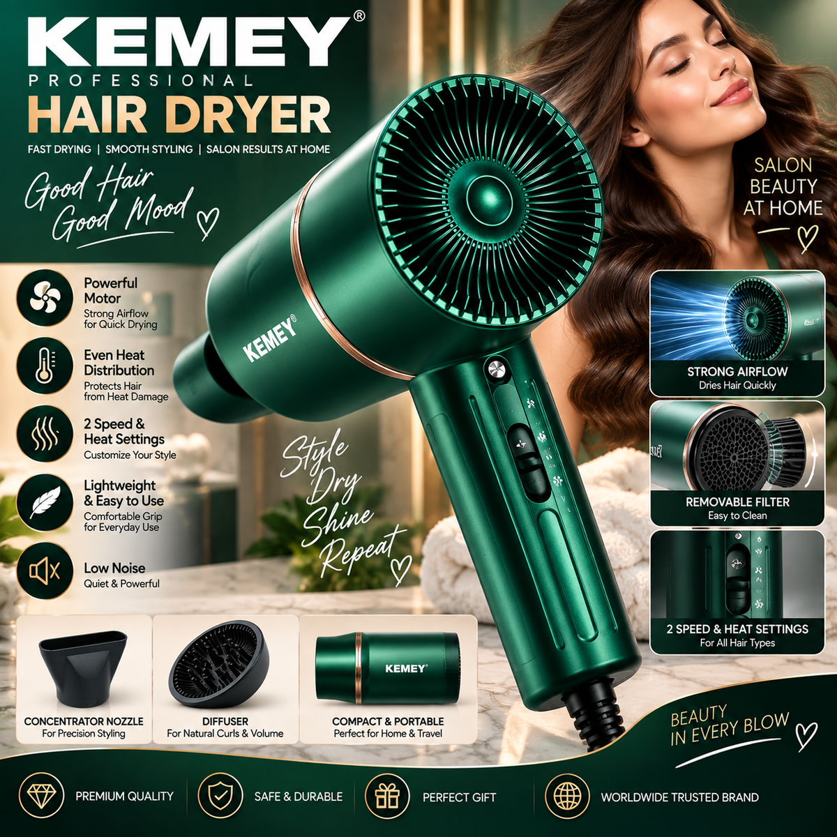 Kemei Professional Hair Dryer – Powerful Fast-Drying Hair Styler
