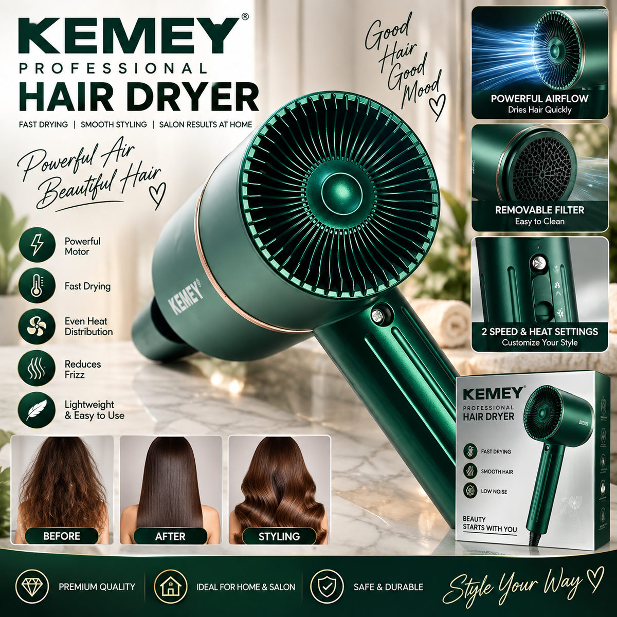 Kemei Professional Hair Dryer – Powerful Fast-Drying Hair Styler