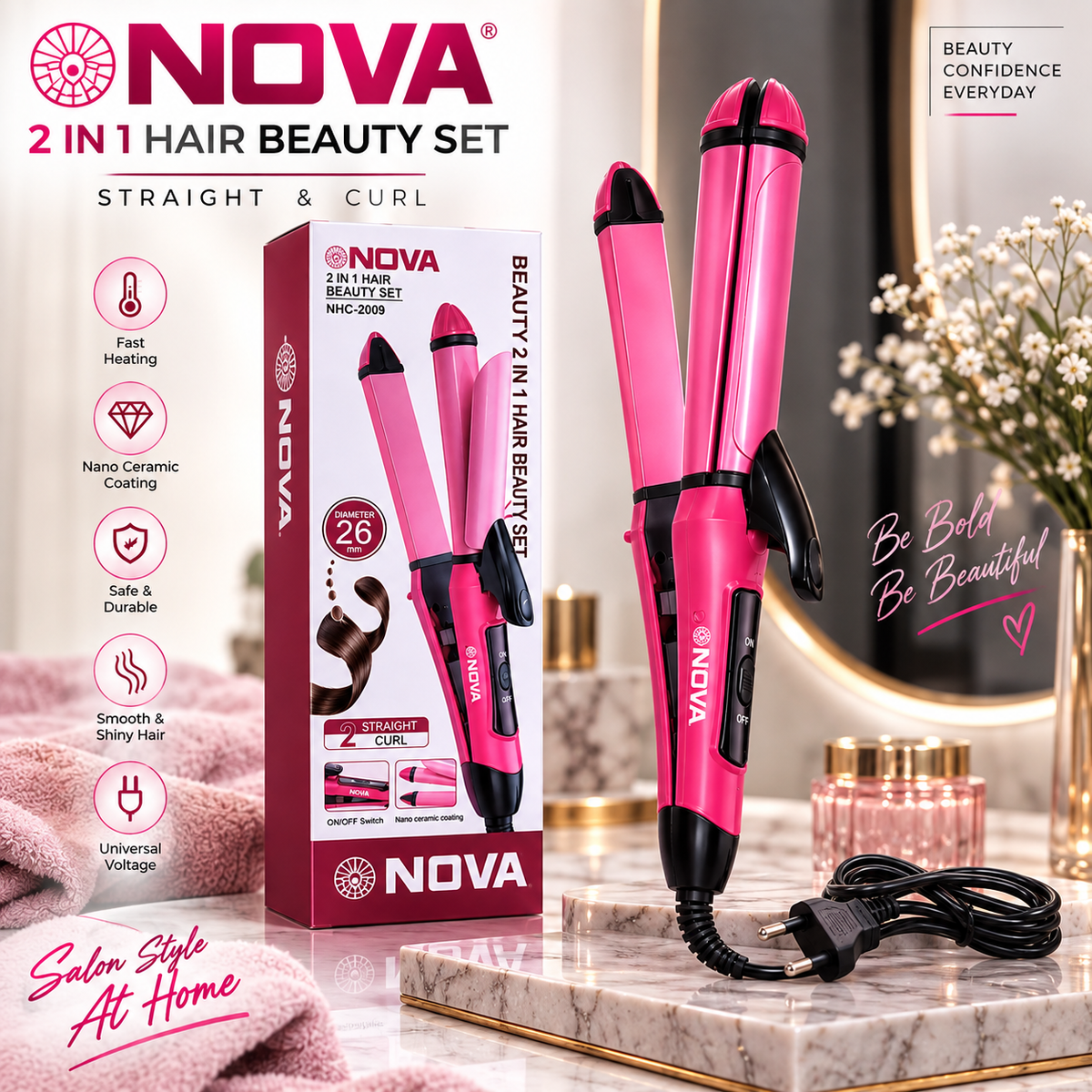 NOVA 2-in-1 Hair Straightener & Curler
