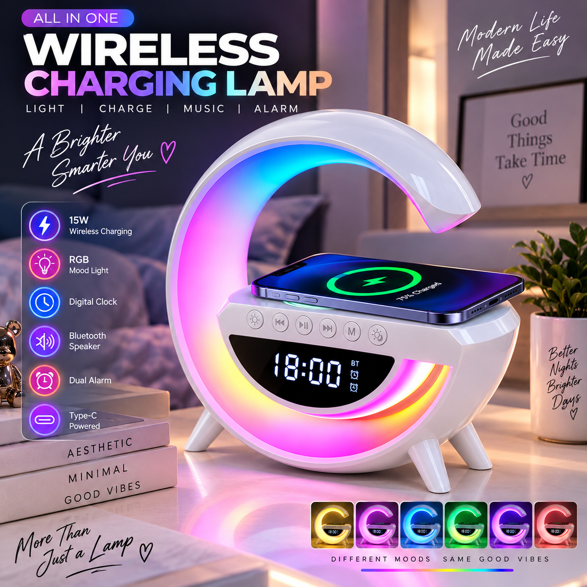 15W Wireless Charging Lamp with Bluetooth Speaker &amp; Digital Clock