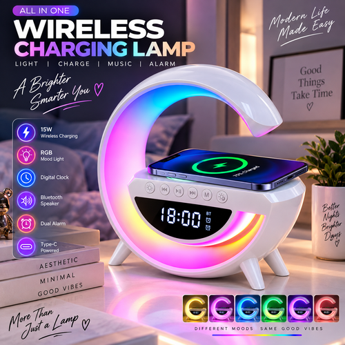 15W Wireless Charging Lamp with Bluetooth Speaker & Digital Clock