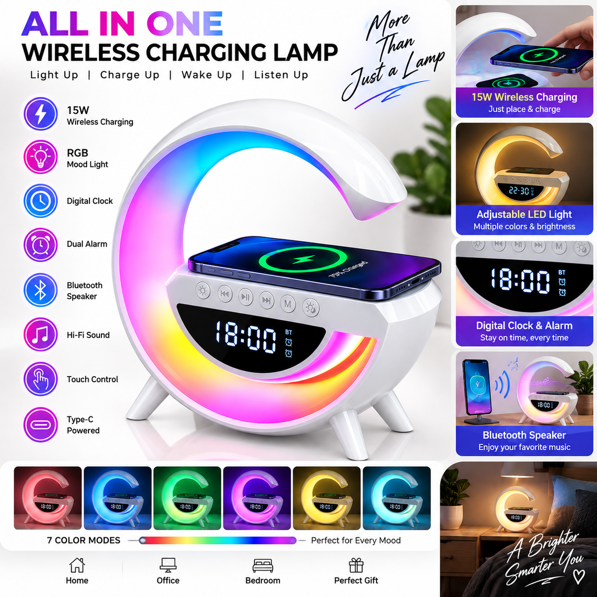 15W Wireless Charging Lamp with Bluetooth Speaker &amp; Digital Clock