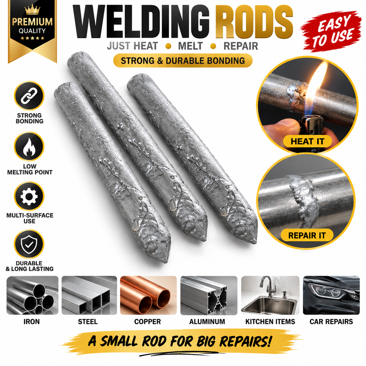 Universal Welding Rods – Low Melting Point Metal Repair Rods for Strong & Durable Bonding