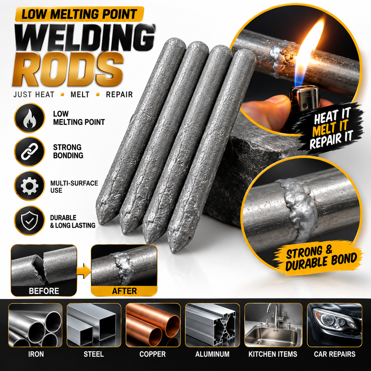 Universal Welding Rods – Low Melting Point Metal Repair Rods for Strong & Durable Bonding