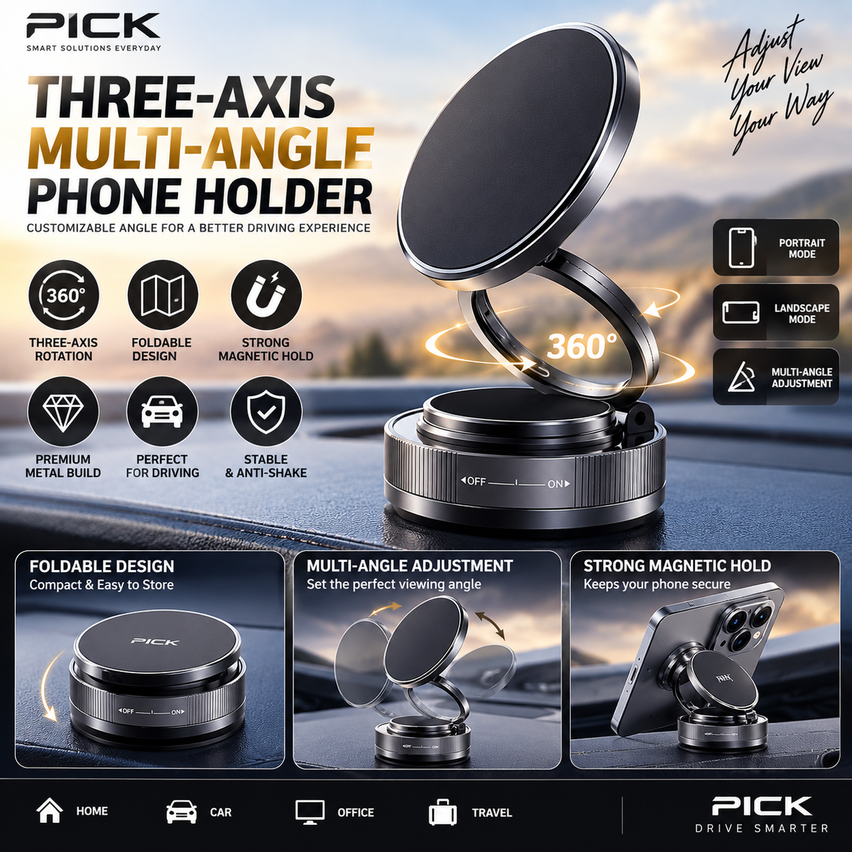3-Axis Magnetic Phone Holder – 360° Adjustable Foldable Car Mount with Strong Magnetic Hold