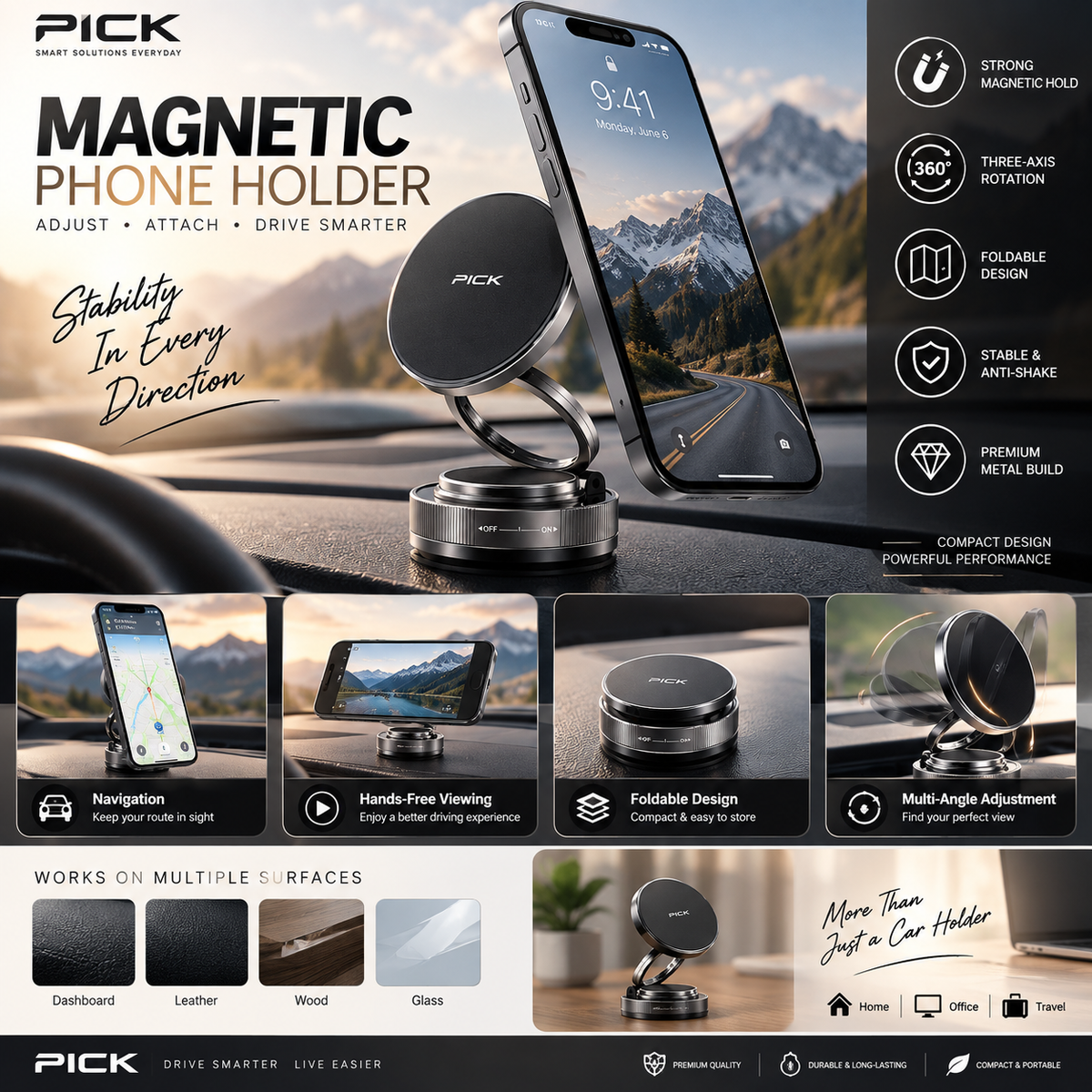 3-Axis Magnetic Phone Holder – 360° Adjustable Foldable Car Mount with Strong Magnetic Hold