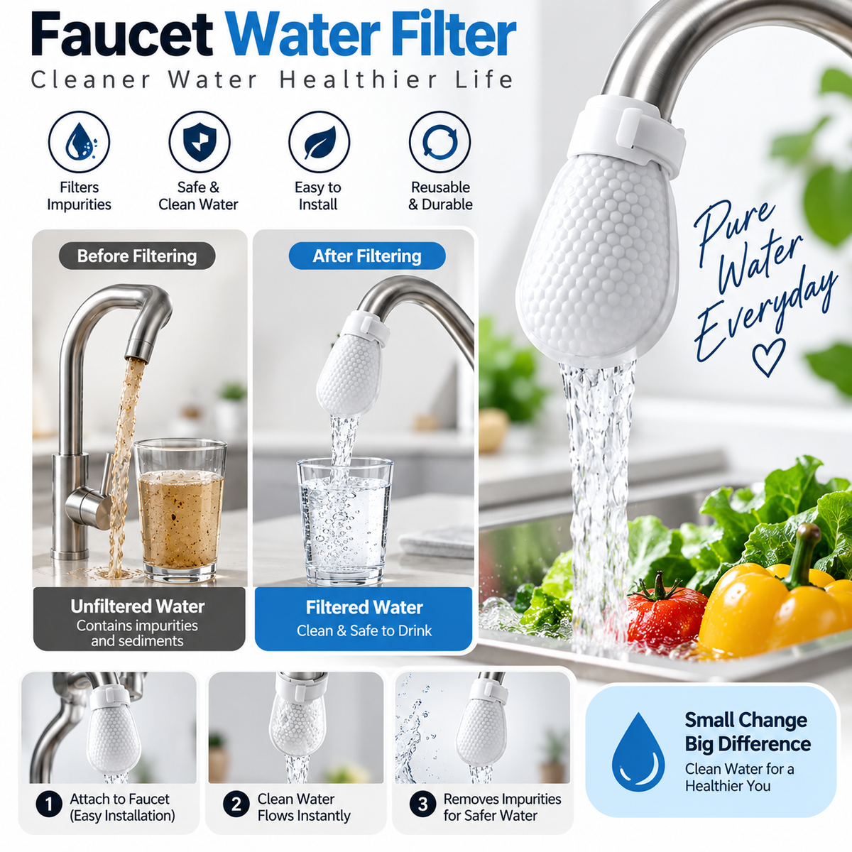 Faucet Water Filter – Universal Tap Water Purifier & Filter