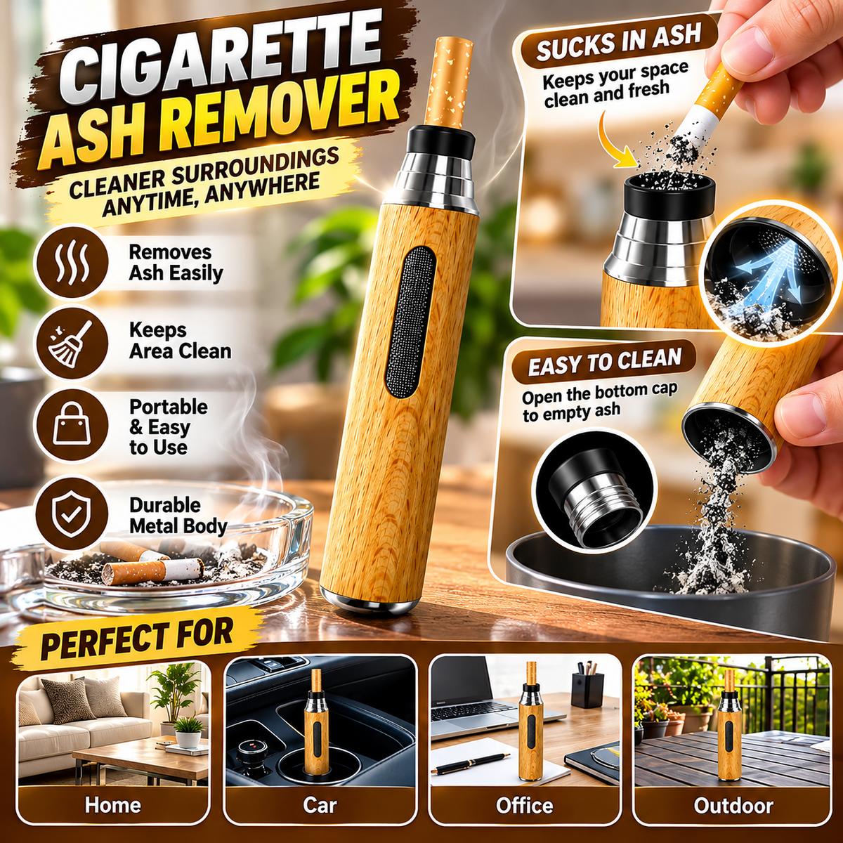 Portable Mini Wooden Car Ashtray – Cigarette Ash &amp; Butt Collector