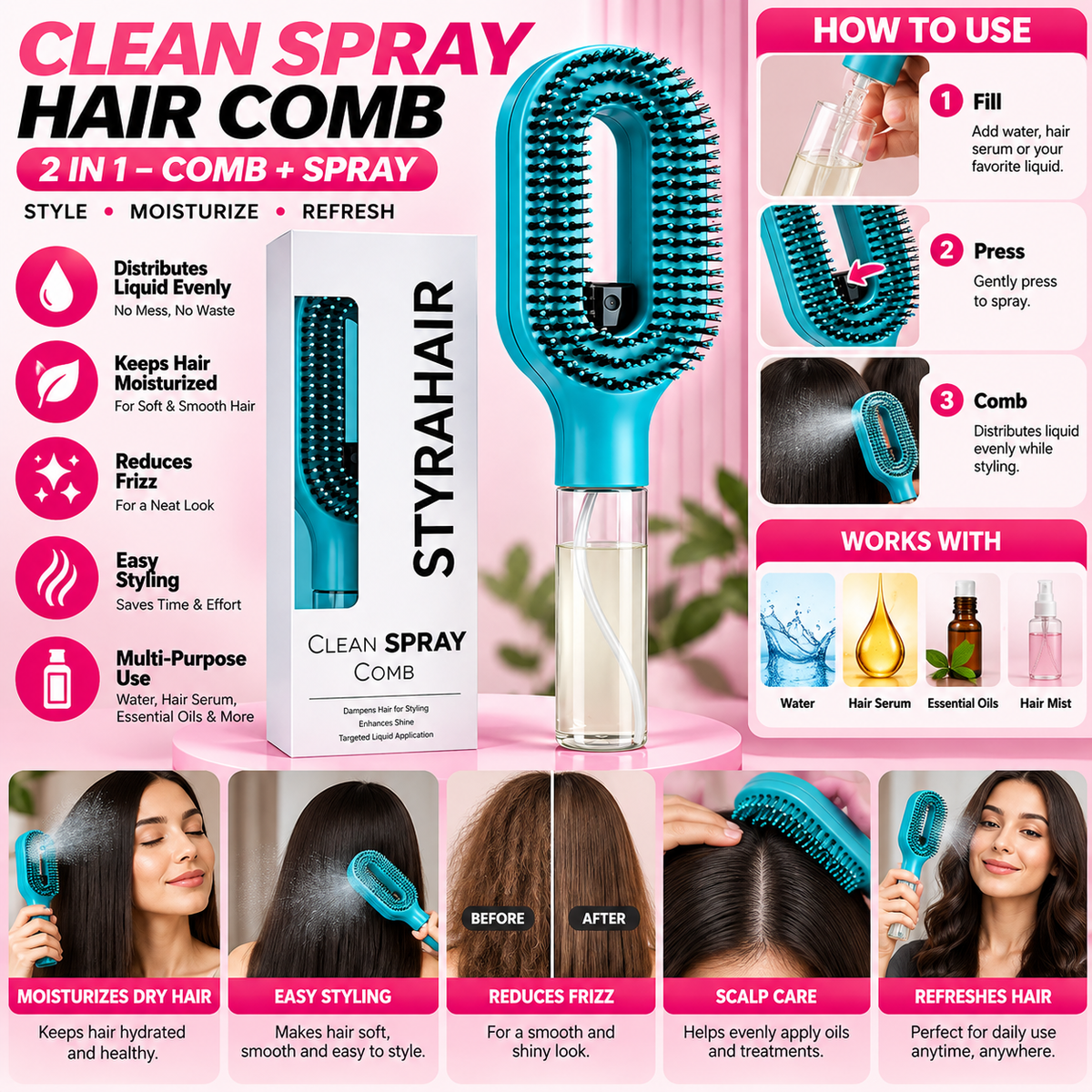 2-in-1 Spray Massage Comb for Hair Detangling &amp; Scalp Care