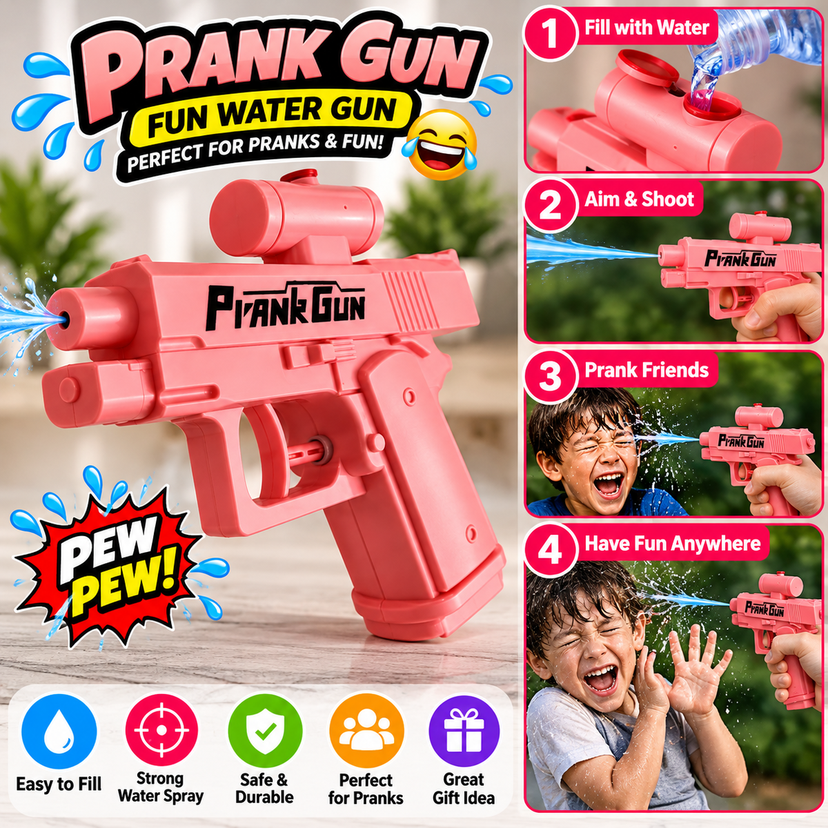 Pink Prank Water Squirt Gun – Dual Trigger Toy, 100ml