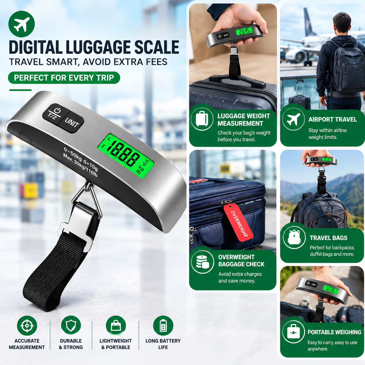 Dr.Meter Digital Luggage Scale – 50kg / 110lb with Backlit LCD Display