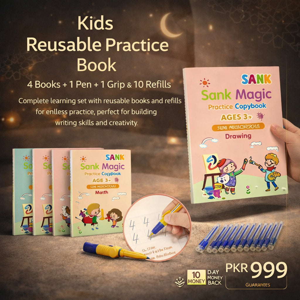 Kids Reusable Practice Book (4 Books + 1 Pen + 1 Grip & 10 Refills) Rs 999