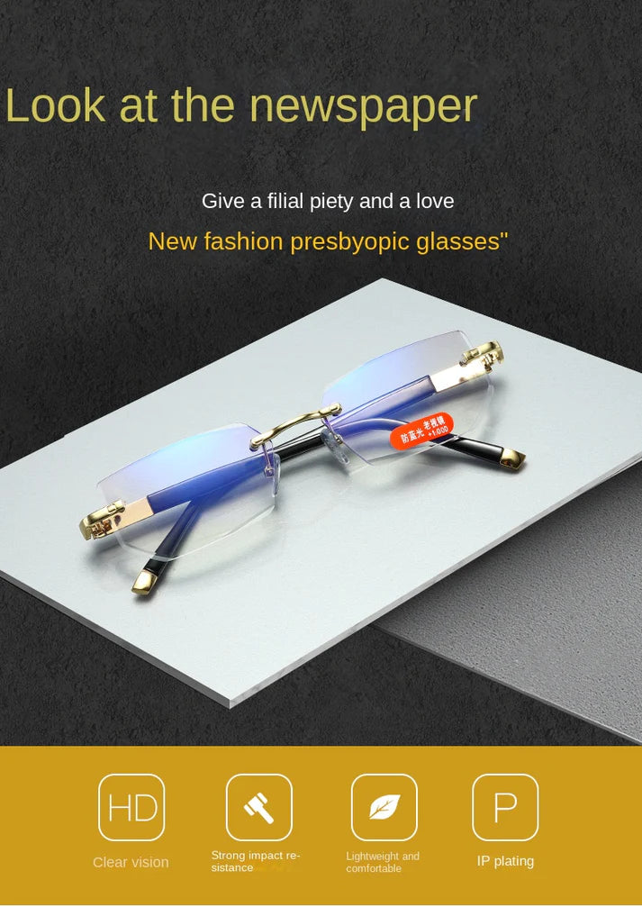 Hd daimond cut New Metal rimless anti blue reading glasses trimmed glasses