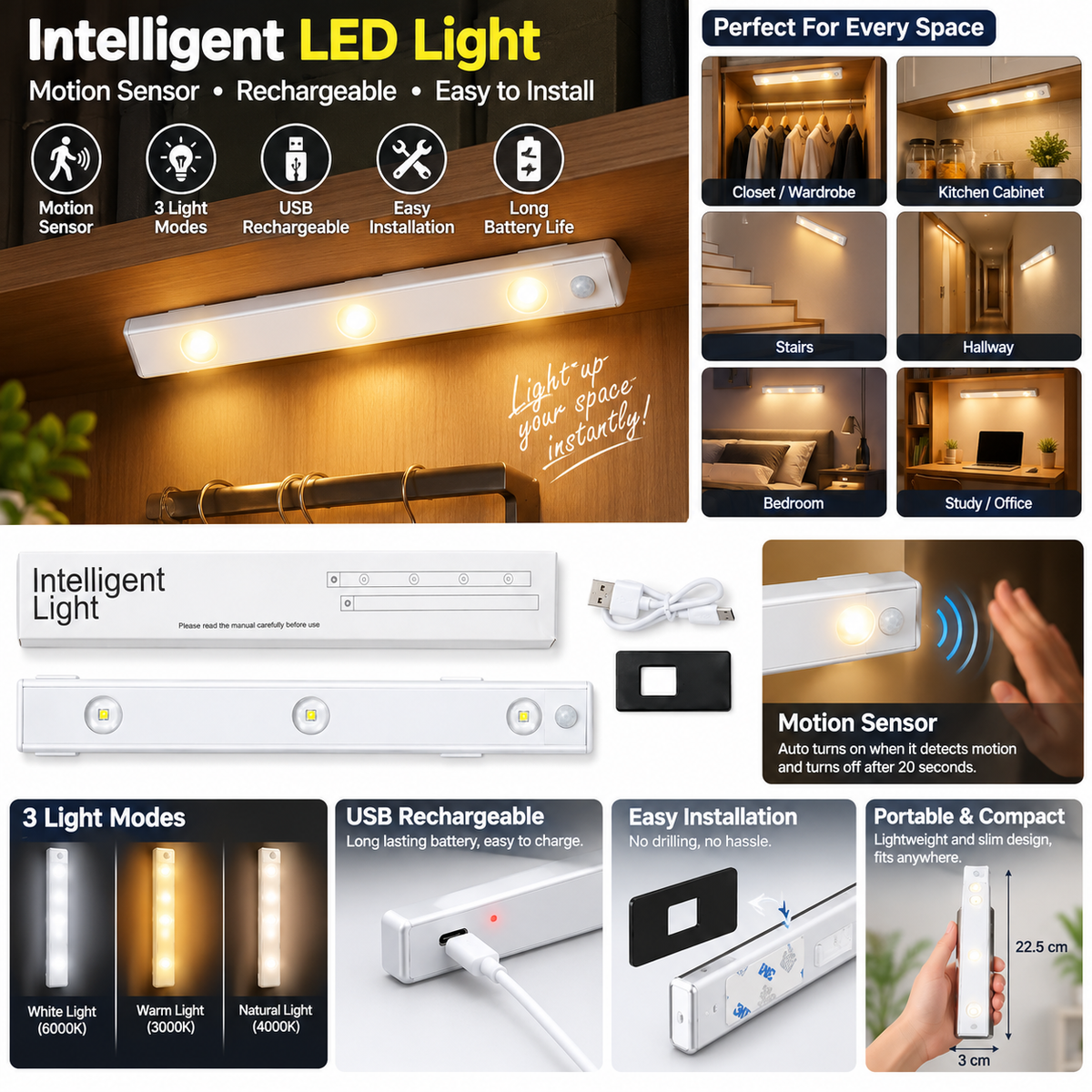 20cm Motion Sensor Under Cabinet LED Light