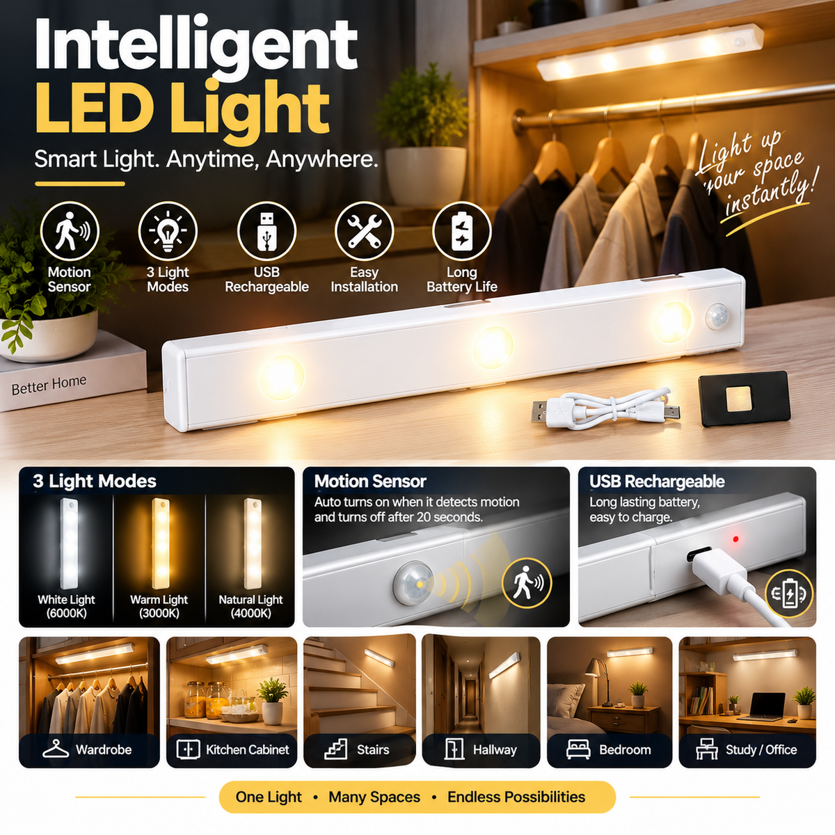 20cm Motion Sensor Under Cabinet LED Light