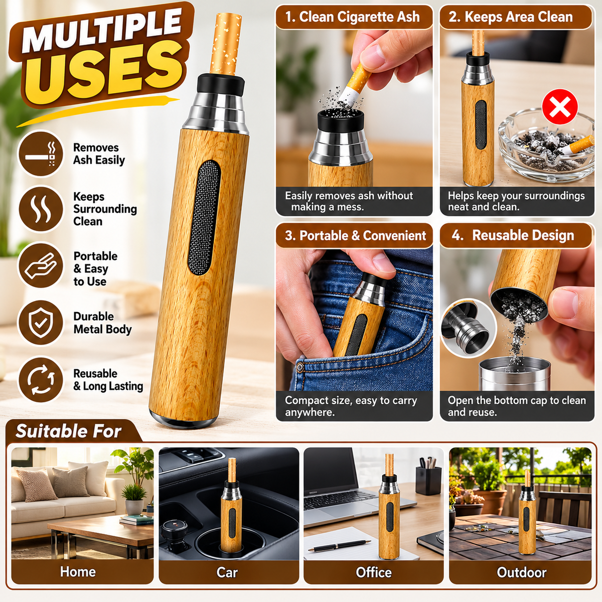Portable Mini Wooden Car Ashtray – Cigarette Ash &amp; Butt Collector