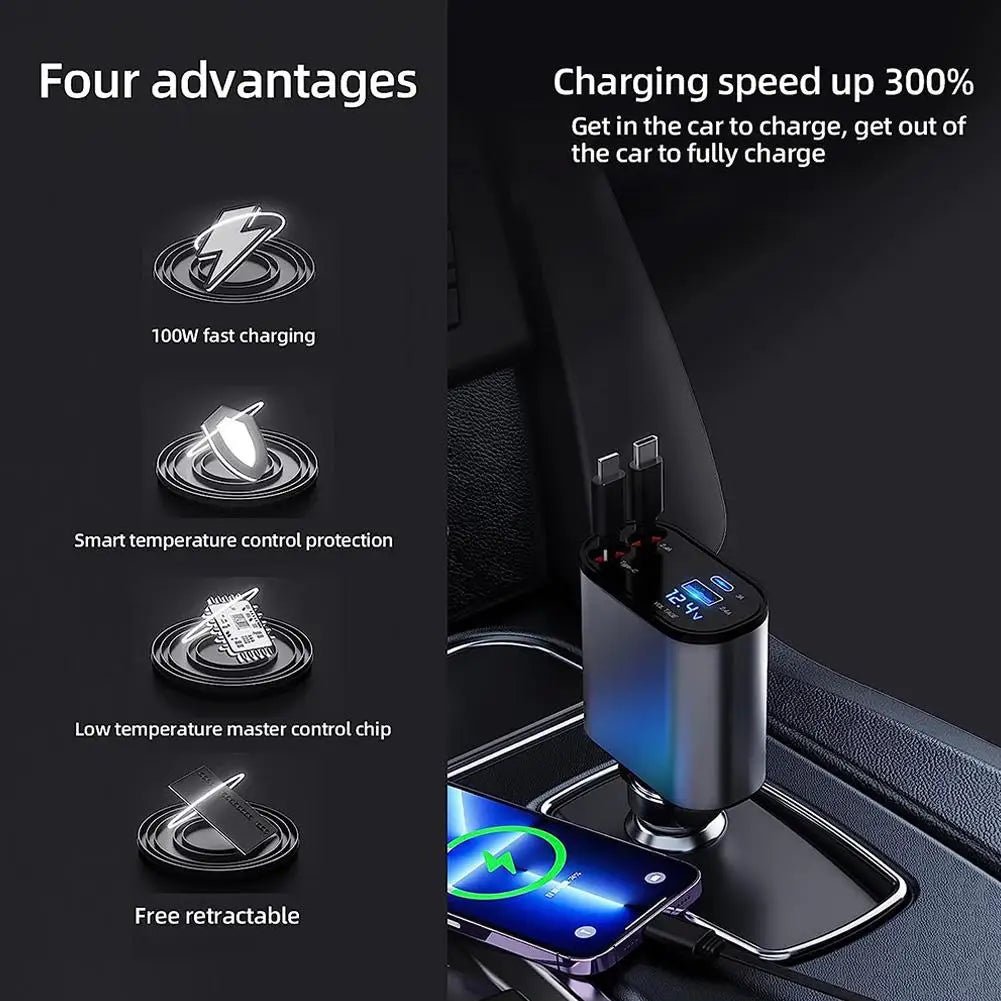 4-in-1 Car Charger With Retractable Cables