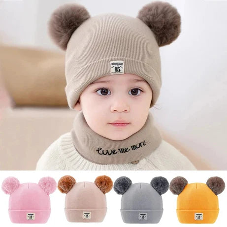 Baby Woolen Pom Pom Beanie Hat & Muffler Winter Set for Boys & Girls