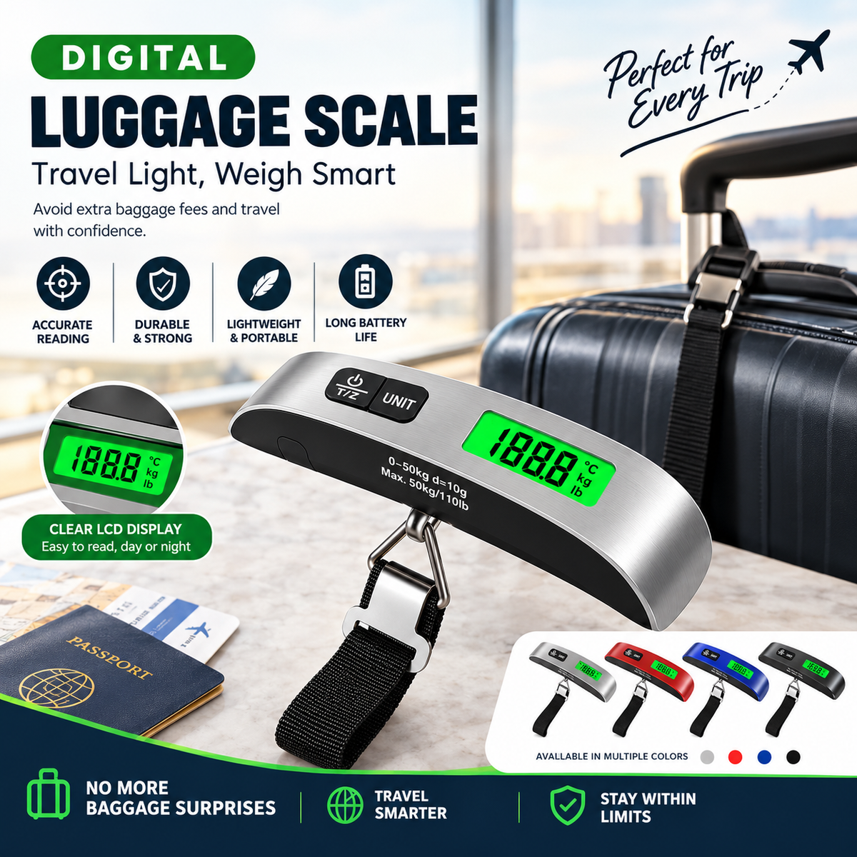 Dr.Meter Digital Luggage Scale – 50kg / 110lb with Backlit LCD Display