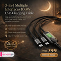 3 in 1 Multiple Interfaces 100W USB Charging Cable with Intelligent Support and Visual Power For Home and Outdoor Use