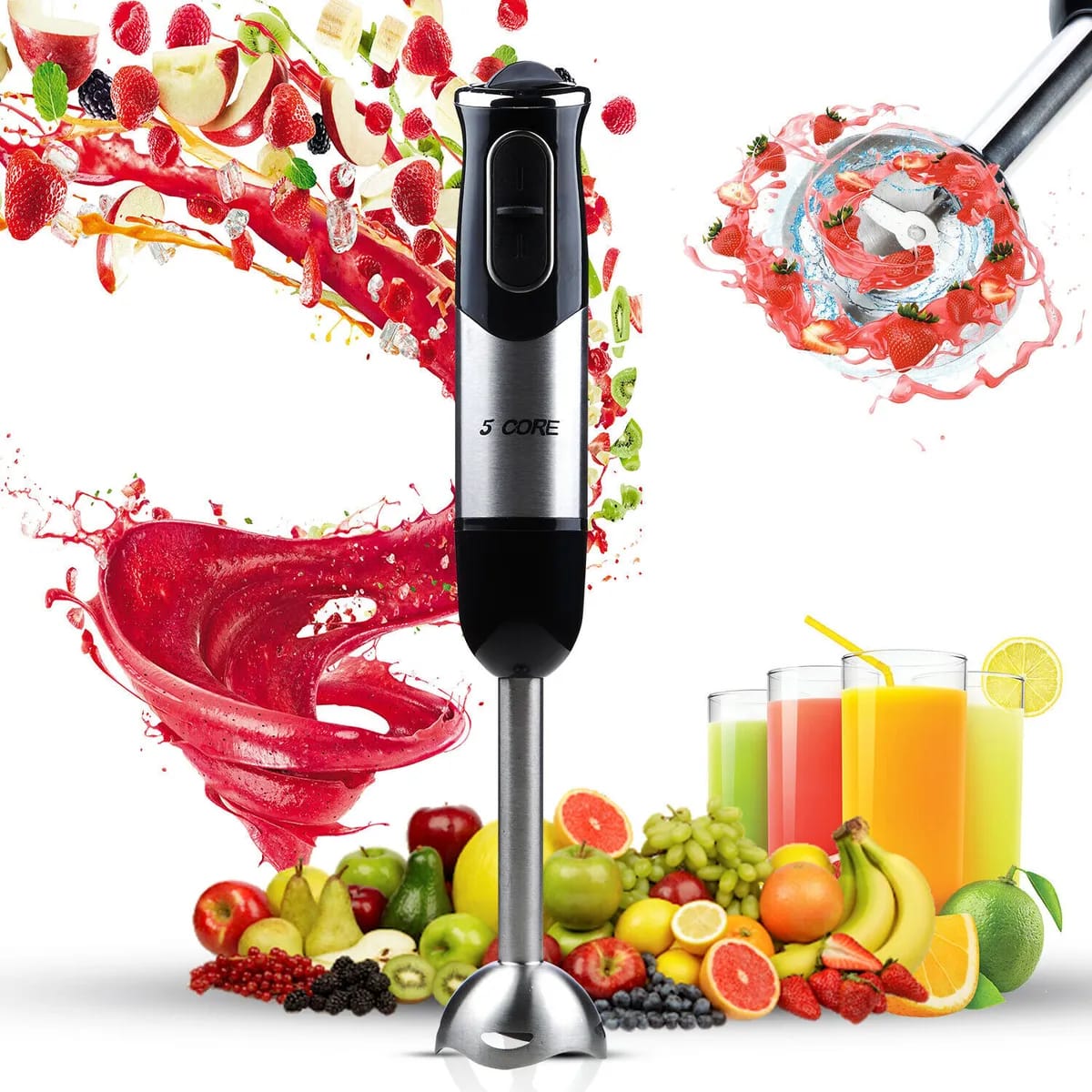 Handheld Immersion Blender with Stainless Steel Blades for Smoothies
