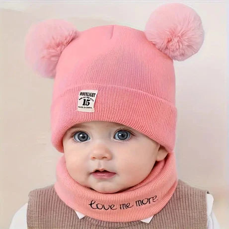Baby Woolen Pom Pom Beanie Hat & Muffler Winter Set for Boys & Girls