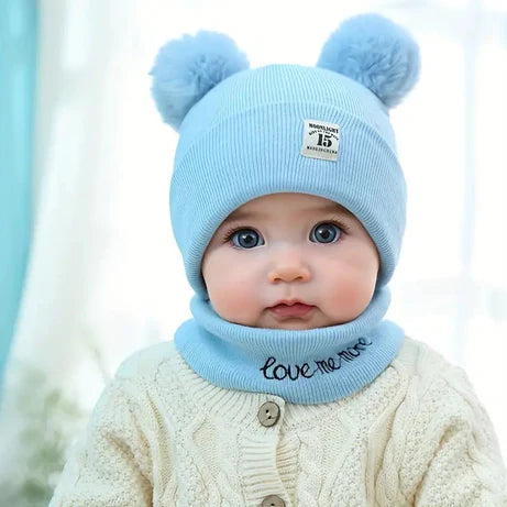 Baby Woolen Pom Pom Beanie Hat & Muffler Winter Set for Boys & Girls