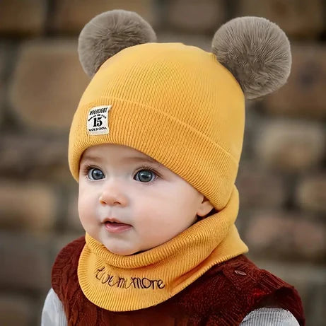 Baby Woolen Pom Pom Beanie Hat & Muffler Winter Set for Boys & Girls