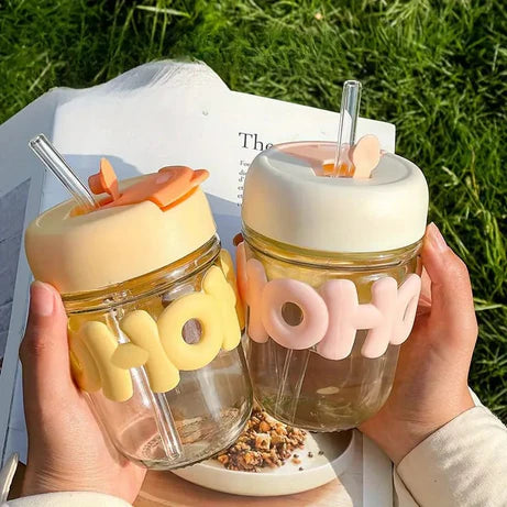 Cute Straw Cup with Insulated Glass Design for Home & Office Use
