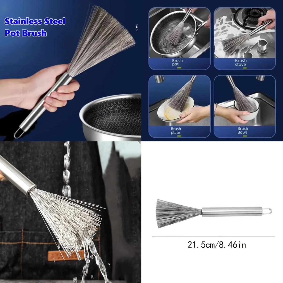 Pack of 2 Long Handle Stainless Steel Pot Cleaning Brushes