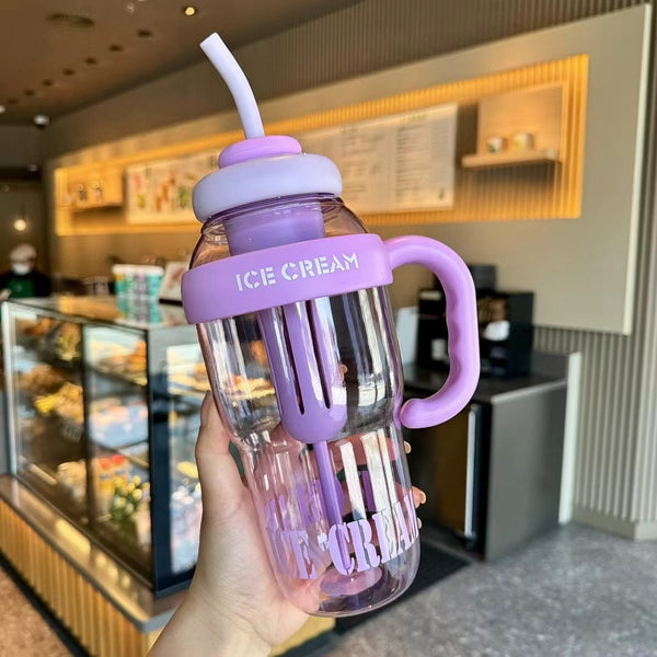 Ice Cream Water Bottle with Straw & Handle BPA-Free Leakproof Tumbler