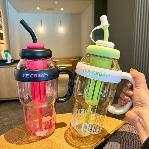 Ice Cream Water Bottle with Straw & Handle BPA-Free Leakproof Tumbler
